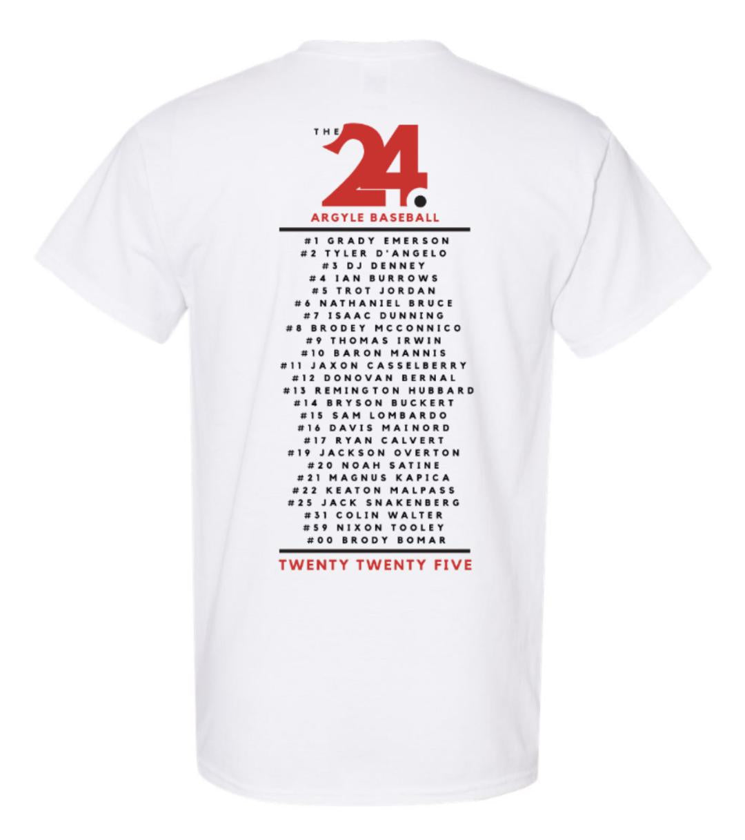 2025 Argyle Baseball - THE24. Roster - Gildan Short Sleeve Tee - Adult - White