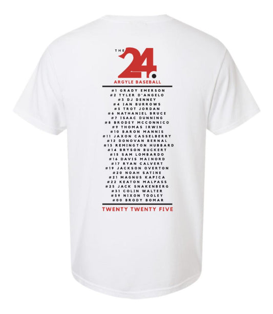 2025 Argyle Baseball - THE24. Roster - Comfort Colors Short Sleeve Tee - Adult - White