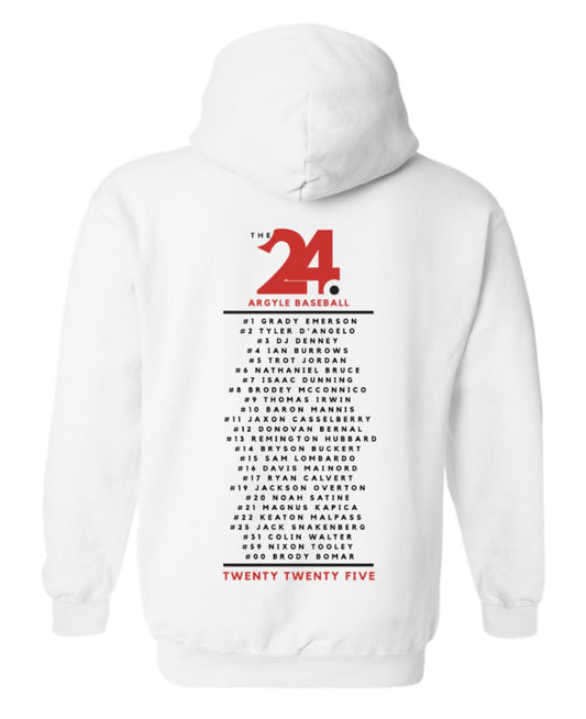 2025 Argyle Baseball - THE24. Roster - Gildan Hoodie Sweatshirt - Adult - White